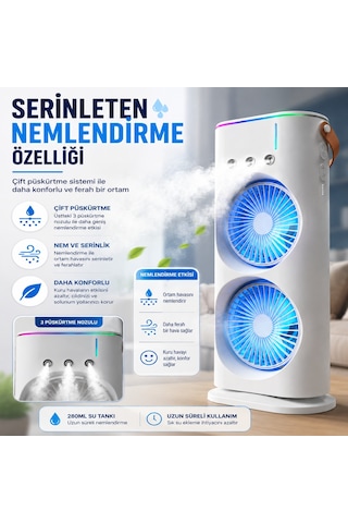 Çift Fanlı Nemlendirmeli Masaüstü Vantilatör Usb Şarjlı 3 Kademeli Hız Ayarlı 360 Dönebilen Fanlı Taşınabilir Hava Serinletici