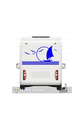 90X46 cm-Martılar ve Yelkenli Karavan Sticker. Karavan Çıkartma