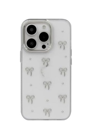 İphone 16 Uyumlu Kılıf Fiyonk Desenli Şeffaf Simli Gümüş Kamera Çıkıntılı Çok Şık Kapak İphone 16 Pro 50 x 22