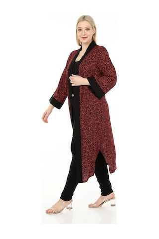 Disentis Kadın Büyük Beden Şal Yaka Kuşaklı Kırmızı Siyah Uzun Kimono