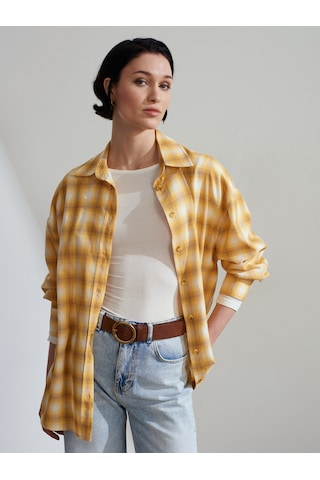 Dilvin 50538 Yün Karışımlı Oversize Gömlek-sarı Sarı