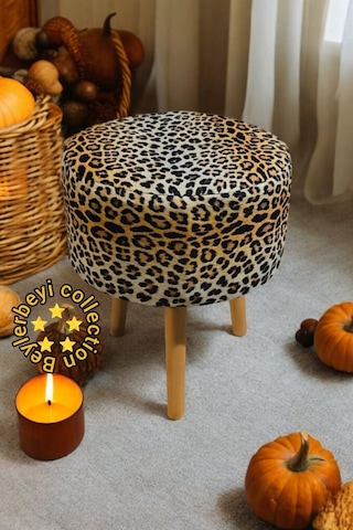 Coco Puf, Düz Kumaş,3 Ayak,oturma Odası, Makyaj Masası Pufu Jaguar Desenli
