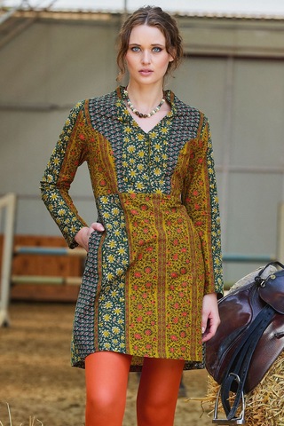 Hakim Yaka Düğme Detaylı Bağlamalı Uzun Kollu Elbise Yeşil