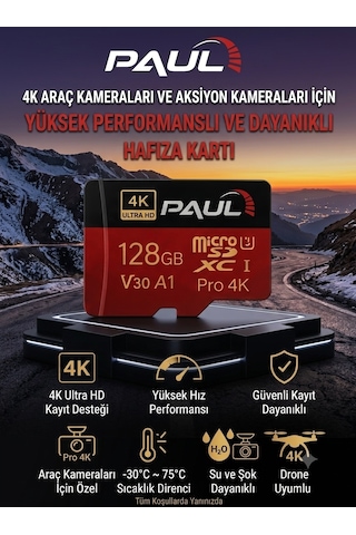 PAUL 128GB Micro SD Hafıza Kartı 4K Ultra HD V30 A1 U3 Yüksek Hızlı MicroSDXC