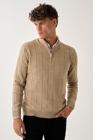 Dikey Dokuma Desenli Fermuarlı Triko Kazak Bej