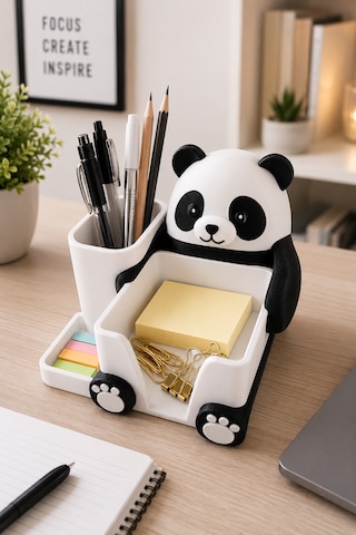 Panda Tasarımlı Masaüstü Organizer Kalemlik Notluk Ofis Çalışma Masası Düzenleyici Siyah Beyaz