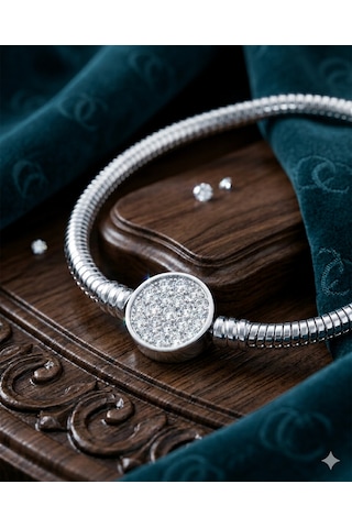 Kadın Charm İçin Uygun Yuvarlak Taşlı Model Çelik Bileklik 18 Cm Silver