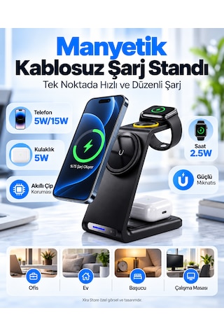 3 Ü 1 Arada 15w Manyetik Kablosuz Şarj Standı Telefon Akıllı Saat Ve Kulaklık Uyumlu Usb-c