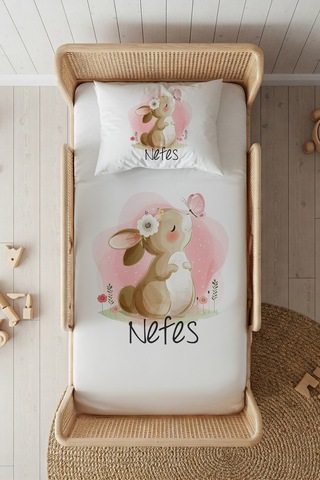 %100 Pamuk Saten İsme Özel İsimli 100x200 Tek Kişilik Lastikli Çarşaf Seti Sevimli Tavşan Beyaz
