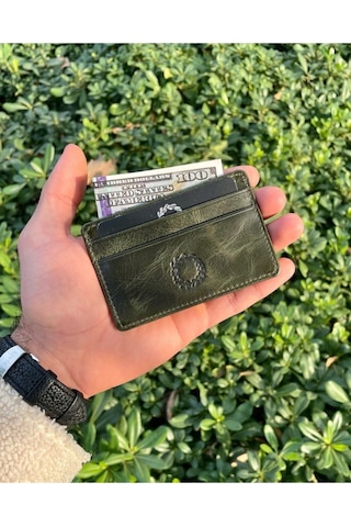 Unisex Antik Yeşil Mini Design Hakiki Deri Kartlık Cüzdan Erkek - Kadın Yeşil
