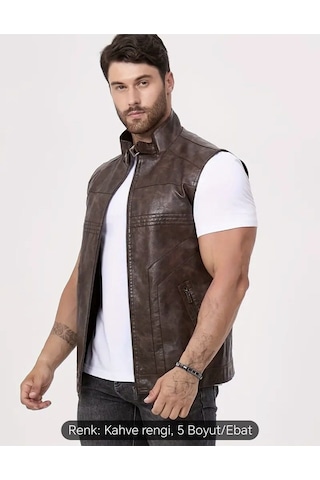 Uzun Hakim Yaka Regular Fit Hakiki Deri Yelek Kahverengi