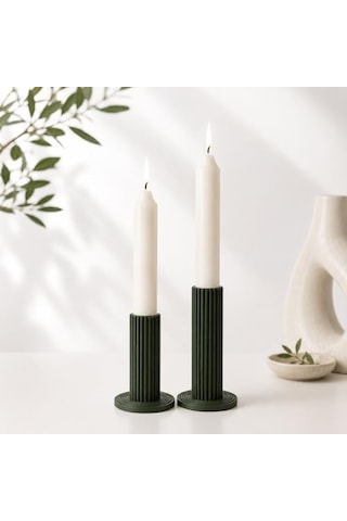 Modern Sütun Tasarımlı Şamdan Seti, Koyu Yeşil, 2&apos Li, Minimalist Dekoratif Mumluk, 8 Cm Ve 10 Cm Pla 3d Baskı A.Ağaç