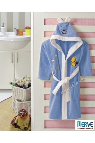Kapşonlu Pamuk Erkek Çocuk Bornozu Mavi (4-5, 6-7, 8-9,10-11 Yaş) Mavi