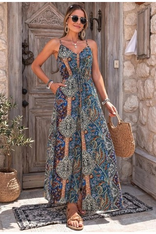 Defymoda Kadın Ip Askılı V Yakalı Cep Detaylı Desenli Uzun Süprem Tulum