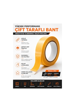By Hanex Opp Çift Taraflı Bant 18 Mm X 20 M Şeffaf Güçlü Yapışkanlı Montaj Bandı