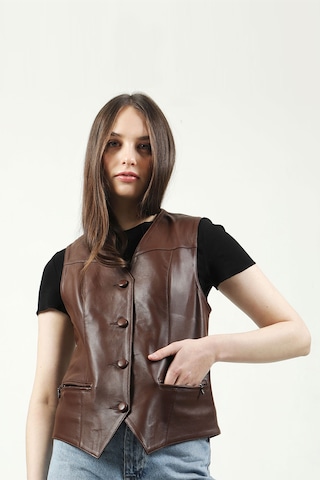 Dericlub Vittoria Kadın Düğmeli Slim Fit Hakiki Deri Yelek Fındık Fındık