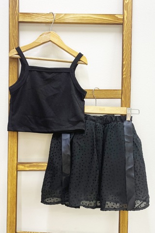 Kız Çocuk Etekli Takım Askılı Badi Fiyonklu Fırfırlı D29 Siyah