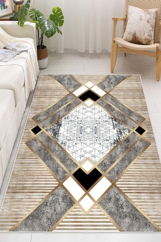 Geometrik Desenli Makinede Yıkanabilir Kaymaz Taban Oturma Odası Salon Halı Koridor Halı Altın