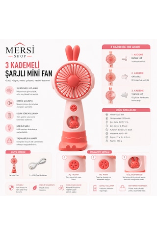 Mini Şarjlı El Fanı 3 Kademeli Usb Taşınabilir Sessiz Masaüstü Fan 19 Cm