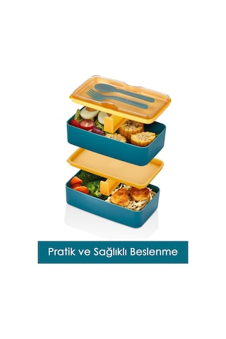 Meleni Home Dikdörtgen 2 Katlı Beslenme Kabı - Çatal Kaşık Servisli Yemek Saklama Kutusu Sarı - Yeşil