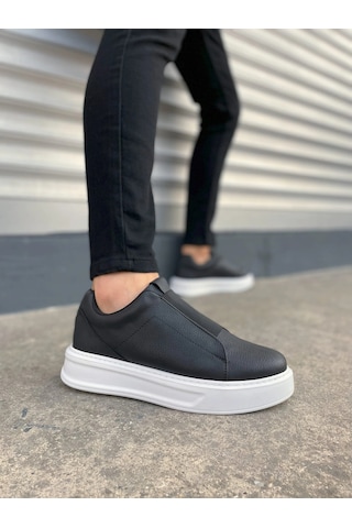 Mevese Torino Erkek Bağcıksız Cilt Günlük Sneaker Ayakkabı Ortopedik Kalın Taban Siyah