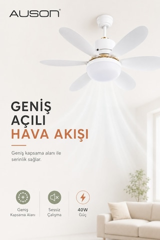Auson Uzaktan Kumandalı Işıklı Tavan Vantilatörü E27 Duy Uyumlu 3 Işık Modu 3 Kademeli Hız Sessiz Ça