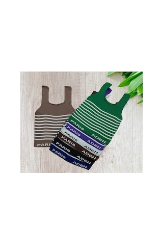 Pazarız Mavi Beyaz Çizgili Kare Yaka Atlet Triko Bluz Crop S / M / L Beden Uyumlu Mavi Beyaz Çizgili