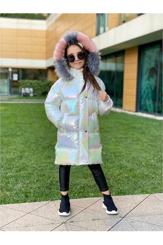 Quzucuk Kids 3 Çınar Kız Çocuk Petrol Beyaz Uzun Şişme Mont Bej
