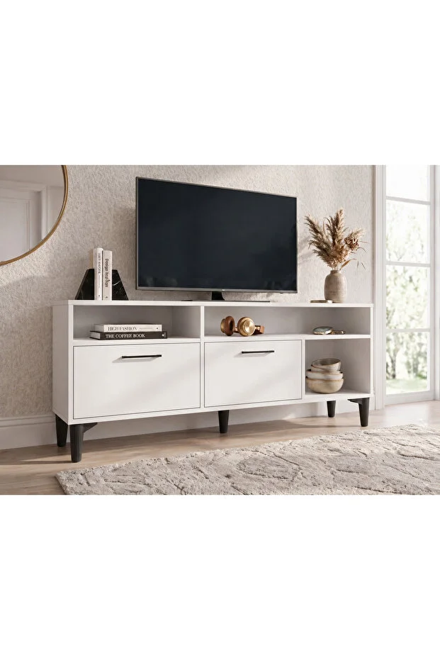 Modern Beyaz Tv Ünitesi 150 Cm - Ayaklı Ve Duvara Monte Edilebilir Çift Yönlü Kullanım