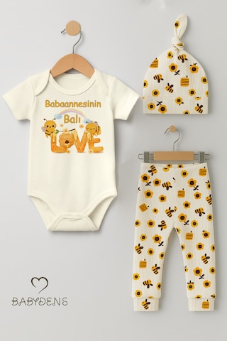 Babyden's 3 Lü Yenidoğan Takım Babaannesinin Balı Baskı Kısa Kol Body Arı Çiçek Desenli Ribana Pantolon Bere Ekru