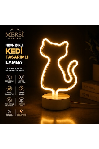 Neon Led Kedi Lamba Dekoratif Masaüstü Gece Lambası Usb & Pilli