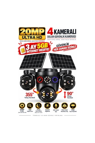 20mp 4 Lensli Solar Güvenlik Kamerası 16x Dijital Zoom Çift Solar Panel Full Hd Gece Görüş Siren Hieasy