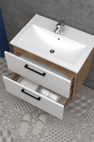 Teta Home Havana 65 Cm Mdf Gövde Membran Kapak Banyo Dolabı Seti + Boy Dolabı Atlantik Çam - Beyaz