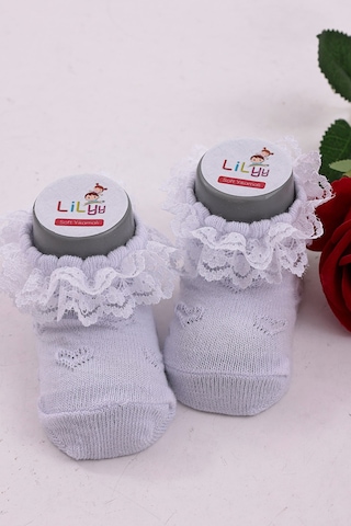 Burçak Çorap Soft Yıkamalı Kız Bebek Çorabı - Tül Ve Güpür Detaylı Pamuklu Model 4'lü Dantelli Beyaz