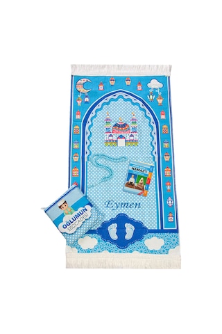 Çantalı Erkek Çocuk İsimli Seccade, Tesbih, Namaz Öğreniyorum Kitabı Seti Mavi