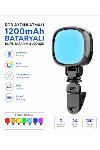 Blc Rgb Klipsli Led Işık 1200mah Bataryalı Type-c Şarjlı Selfie Video Çekim Telefon Laptop Monitör Kitap Okuma Lambası 360 Dönebilen Siyah