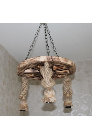 Otantik Çarşı Ahşap Halatlı Teker Avize 40 Cm. 3'lü Eskitme Ağaç