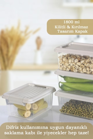 4'lü Set - 1800 Ml Kilit Kapaklı Erzak Saklama Kabı Difriz Buzdolabı Düzenleyici Saklama Kutusu Bej Bej