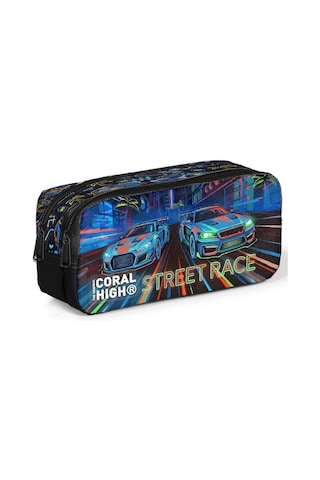Coral High Erkek Çocuk Siyah Yarış Arabası Baskılı İki Bölmeli Kalem Çantası/kalemlik 31059