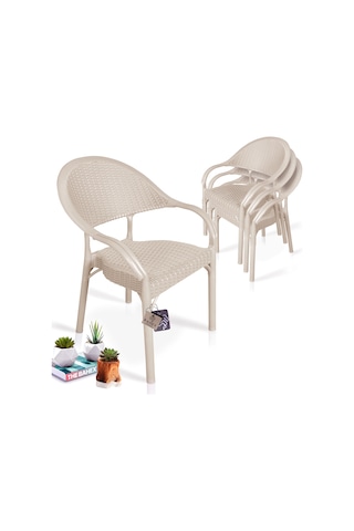 Bahex Bambu 4lü Set Rattan Kollu Bahçe Sandalye Koltuk 4ad Cappcn Cappuccino