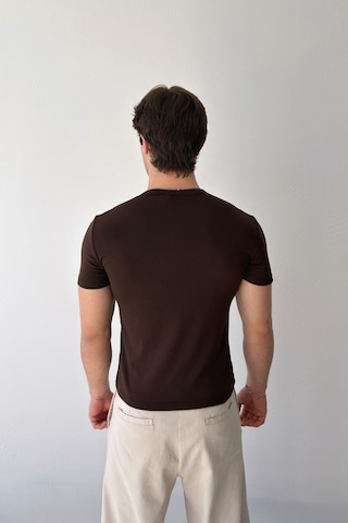 Flaw Düğmeli Basic Tişört-29357 Kahverengi