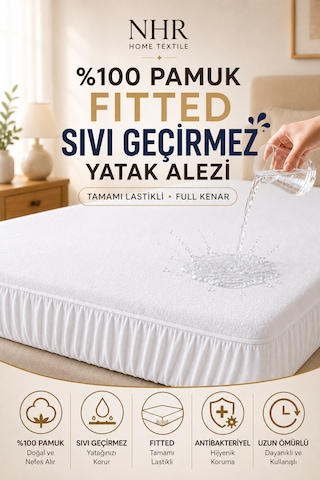 Sıvı Geçirmez / Ultra Sessiz / Fitted Yatak Alezi / %100 Pamuk Beyaz