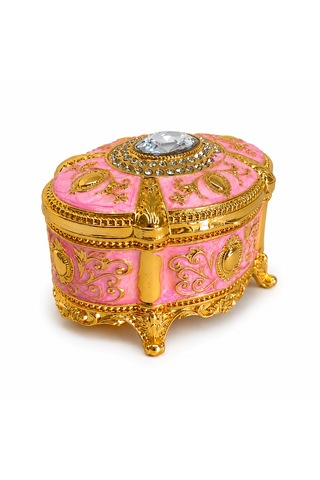 Kristal Taşlı Oval Mücevher Kutusu Kadife İç Kaplamalı Gold İşlemeli Takı Kutusu Dekoratif Saklama Kutusu Açık Pembe