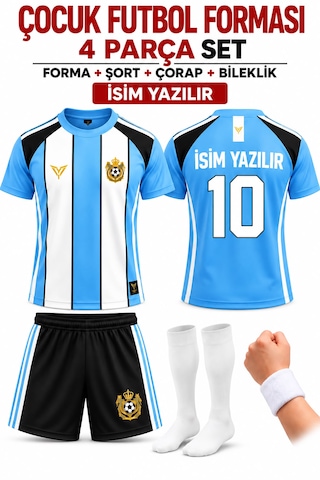 Yenteks İsim Yazılır Çocuk Futbol Forması Mavi-siyah Özel Tasarım 4 Parça Forma+şort+çorap+bileklik Mavi - Siyah