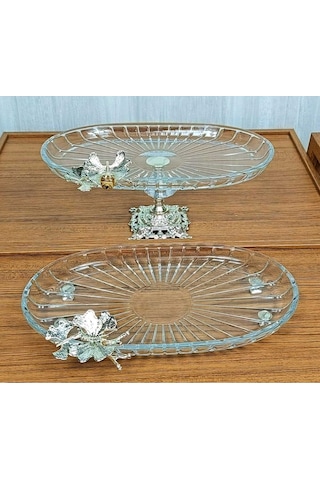 Elta Collection 2 Li Paşabahçe Kristal Metal Ayaklı Gümüş Oval Düz Pasta Sunumluk Kurabiyelik Gümüş Oval Düz