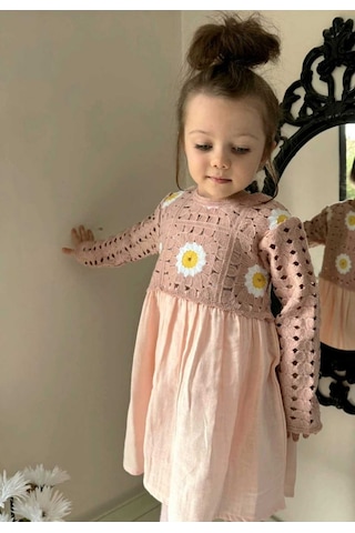 Kız Çocuk Çiçek Desenli Kroşe Müslin Pamuklu Prenses Hediye Doğum Günü Şık Elbise Pembe