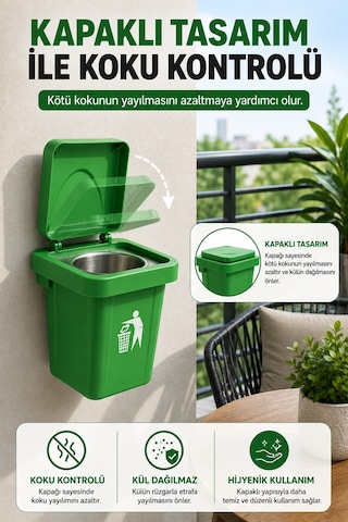 Yeşil Renk Duvara Monte Kapaklı Küllük Yapışkanlı Paslanmaz Çelik Hazneli Balkon Ofis Küllüğü