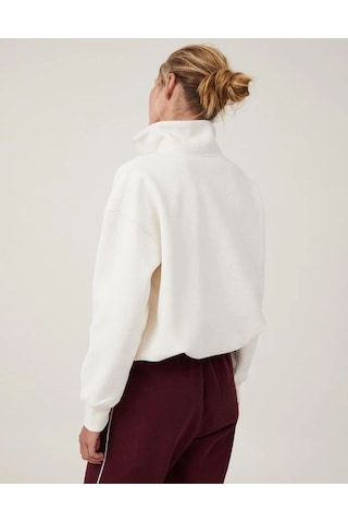 Mbb E-ticaret Kadın 3 İplik Pamuklu Oversize Yarım Fermuarlı Yakalı Basic Sweatshirt - Beyaz
