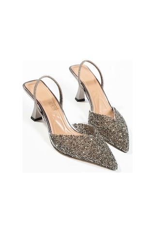 Duxal Shoes London Cam Kırıntıları Detay Arkası Açık Topuklu Ayakkabı PLATIN