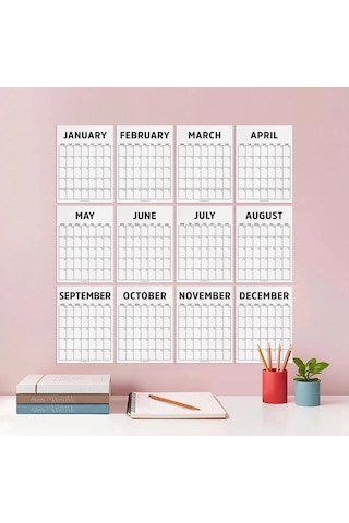 Tarihsiz Aylık Planlayıcı Duvar Takvimi - Minimalist Siyah Beyaz Modern Planlayıcı 12 Ay